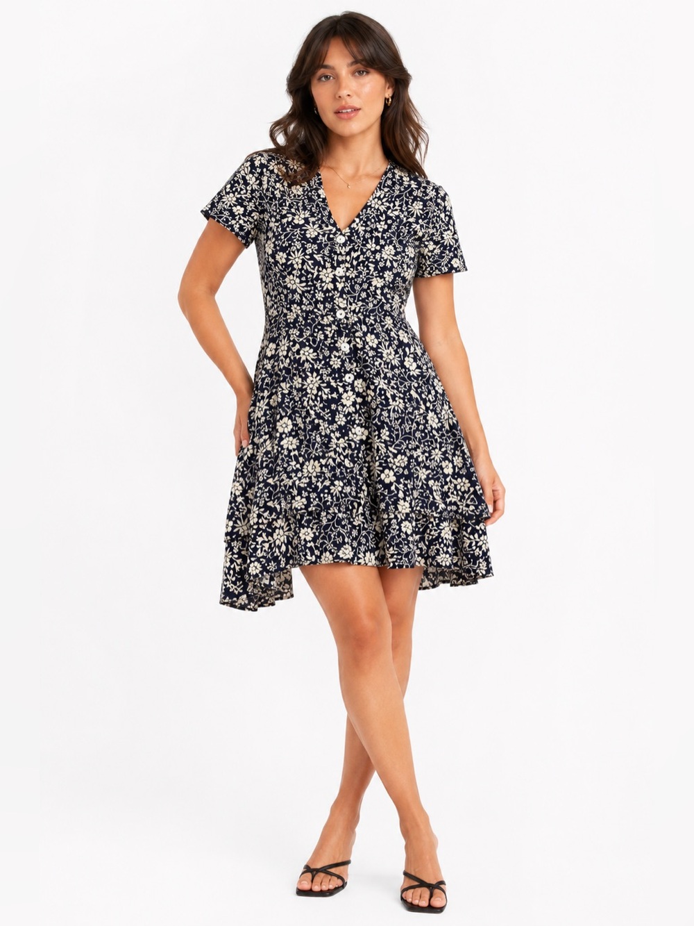 80s Vintage Romantic Floral Tiered Ruffle Button Mini Dress (Navy/Cream) Size 4